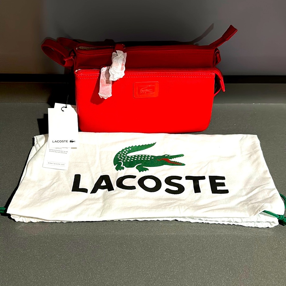 New! Lacoste Double Zip Crossover Bag in Flame Scarlet (red)